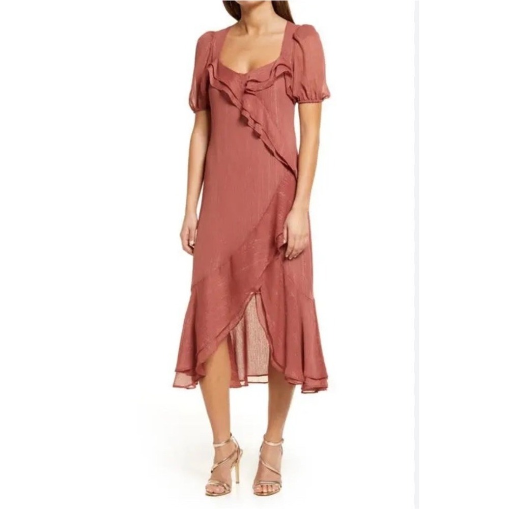 Charles Henry Ruffle Midi Dress Sz S Metallic Mauve Back Cut Out Modern Party